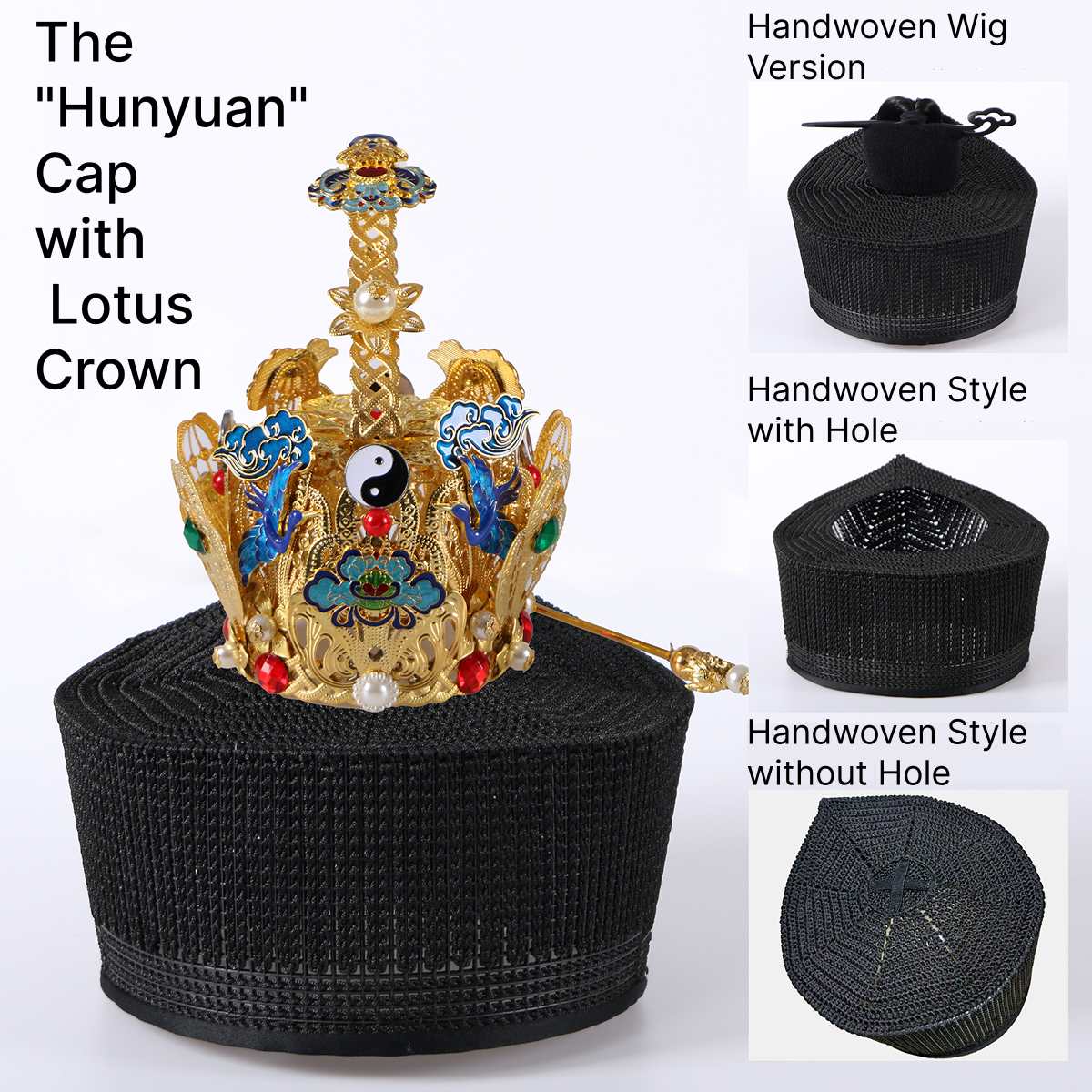 Handwoven Taoist priest hat set including Hunyuan Jin, Lotus Crown, and Zhuangzi Jin